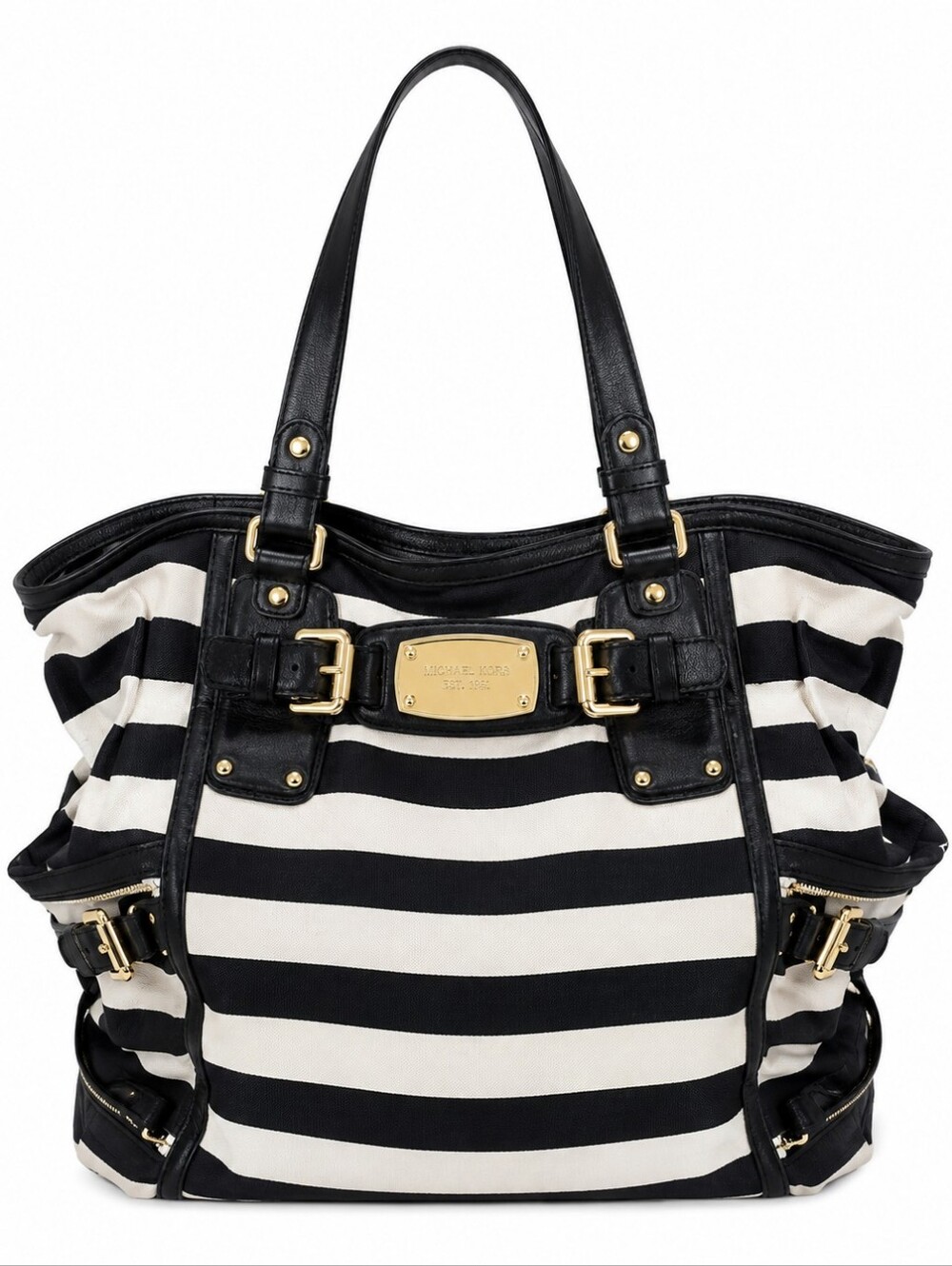 Michael Kors Gansevoort large belted tote in black and white stripe canvas